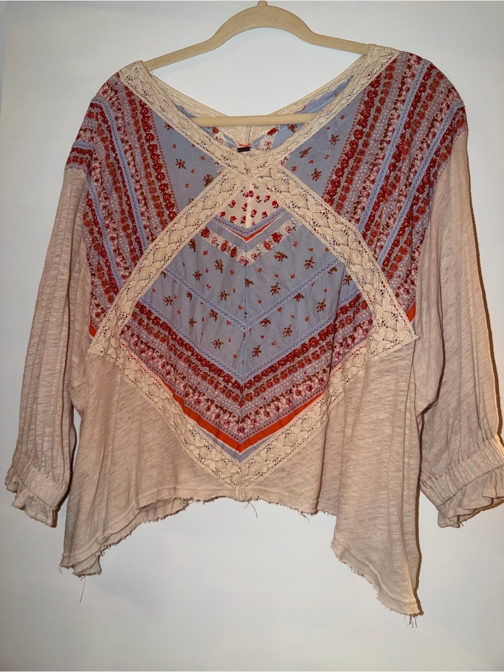 Free People Beige Pullover Tunic with Red & Blue Pattern